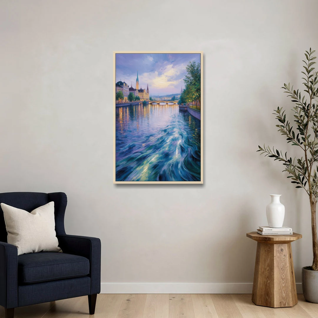 Limmat River Serenity - Oak Framed Canvas Wall Art - Sofa - 24x36