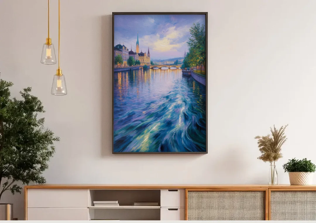 Limmat River Serenity canvas wall art above a wooden sideboard under pendant lights