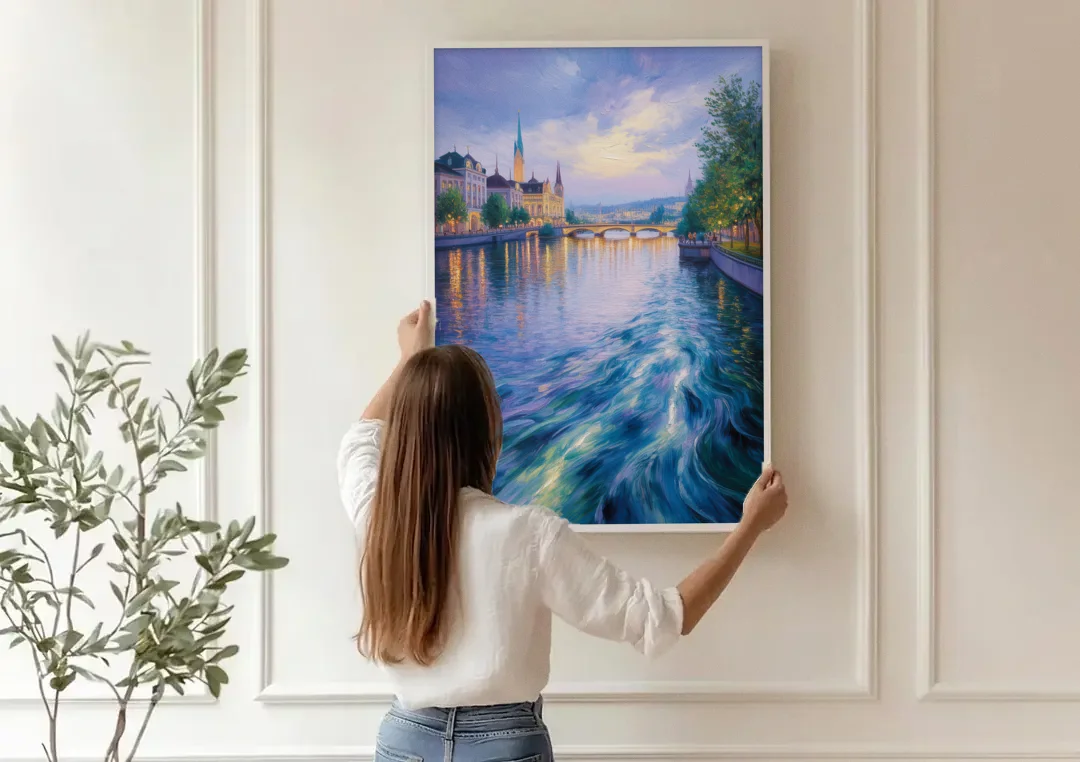 Limmat River Serenity canvas wall art being hung on a paneled wall