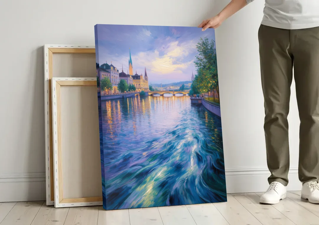 Limmat River Serenity canvas wall art leaning against a wall next to blank canvases