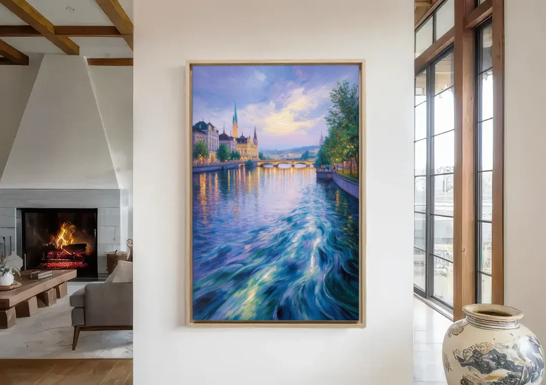 Limmat River Serenity canvas wall art in a living room with a fireplace