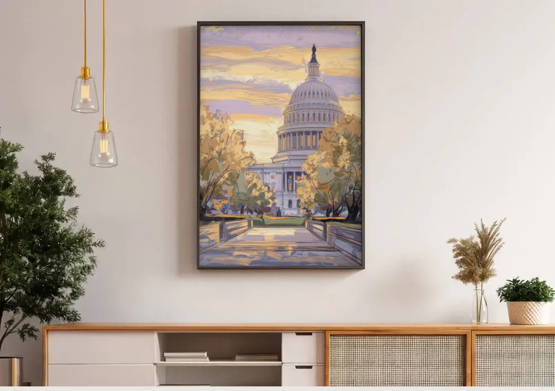 Lincoln Capitol Building canvas wall art above a wooden sideboard under pendant lights