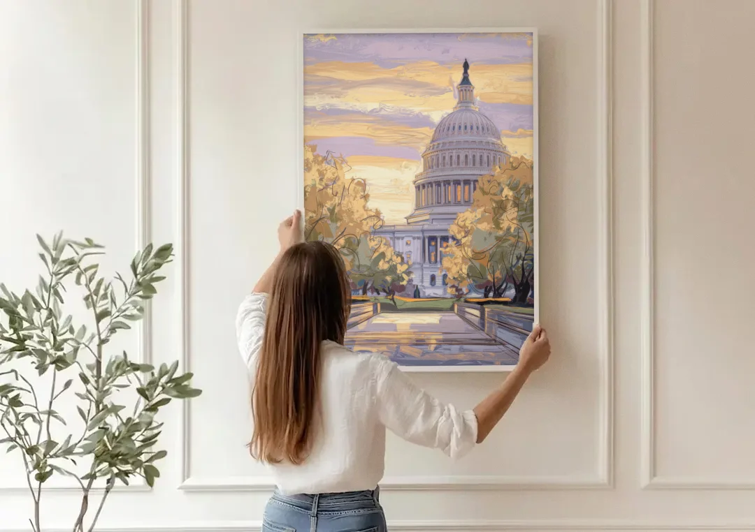 Lincoln Capitol Building canvas wall art being hung on a paneled wall