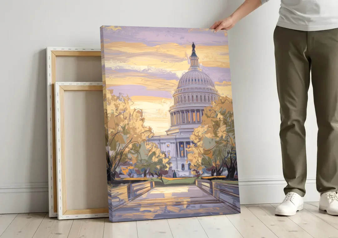 Lincoln Capitol Building canvas wall art leaning against a wall next to blank canvases