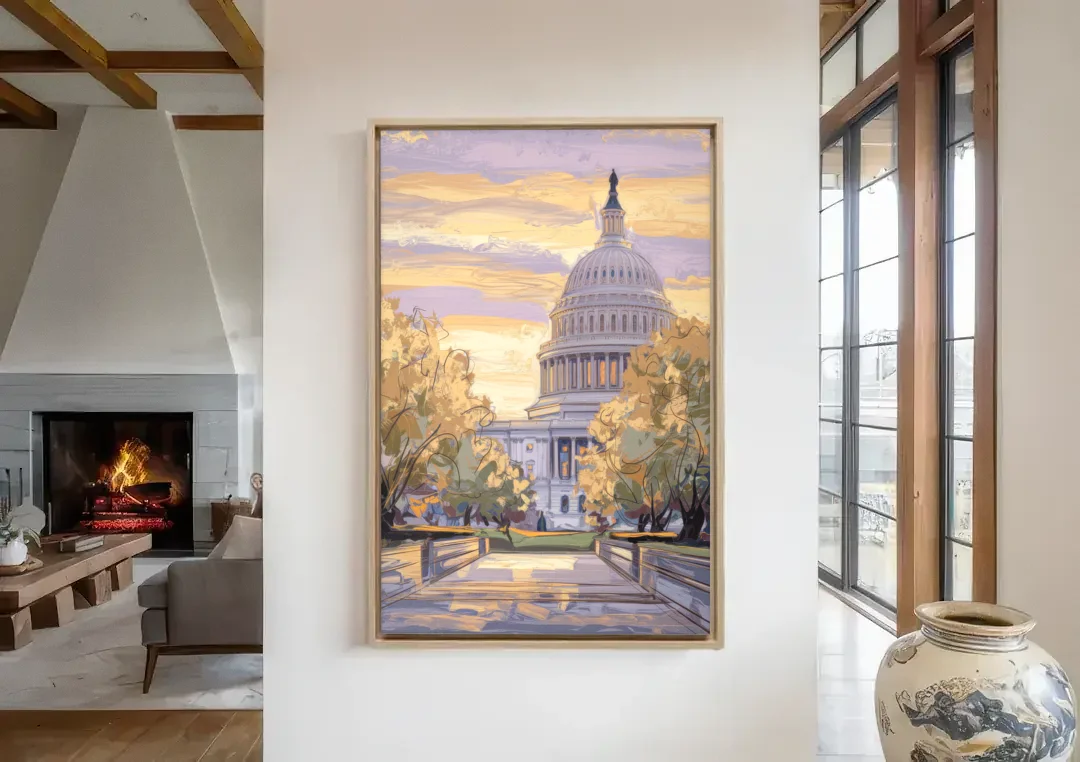 Lincoln Capitol Building canvas wall art in a living room with a fireplace