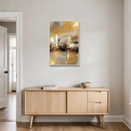 Lincoln Downtown Streetscape - Oak Framed Canvas Wall Art - Coffee Table - 24x36