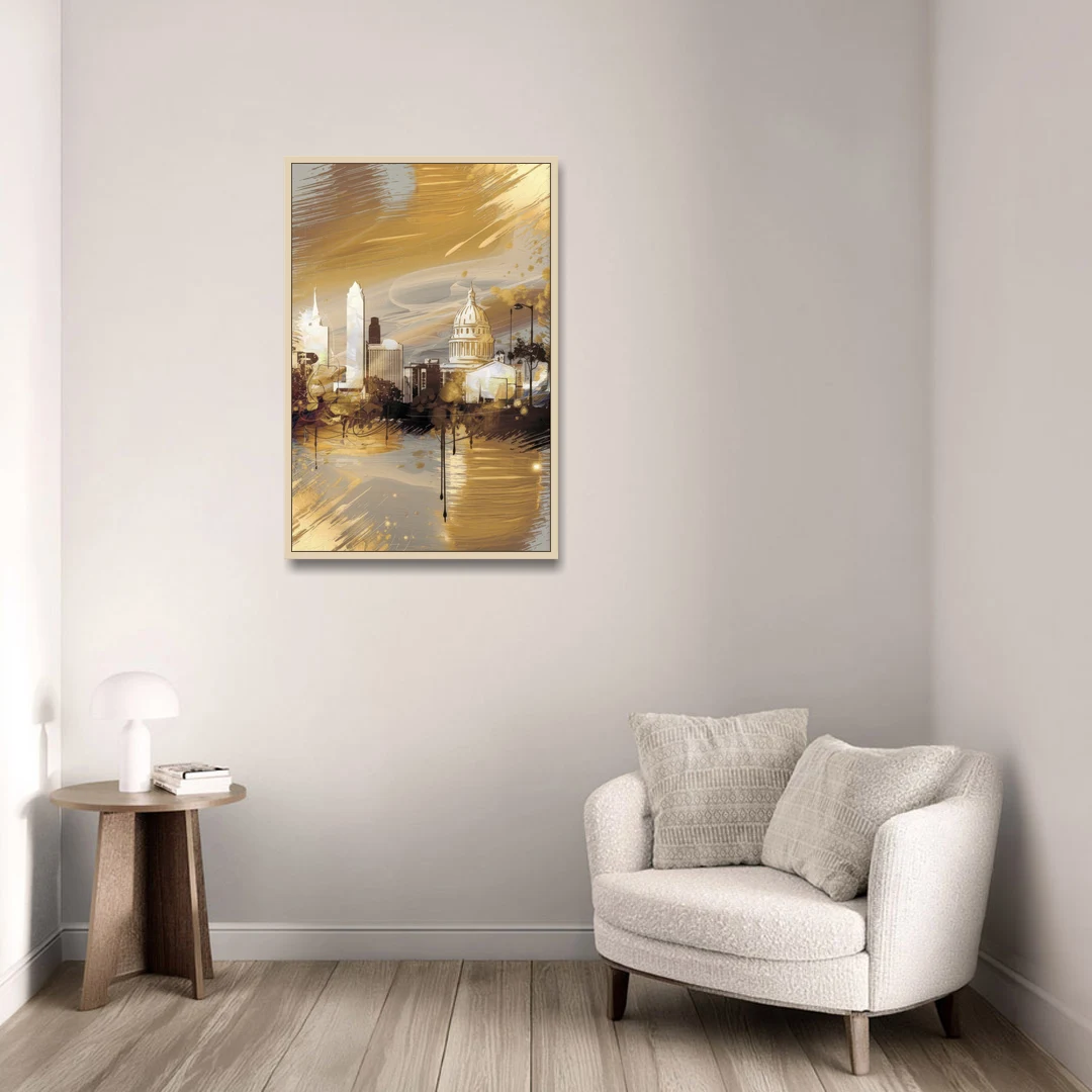 Lincoln Downtown Streetscape - Oak Framed Canvas Wall Art - Sofa - 24x36