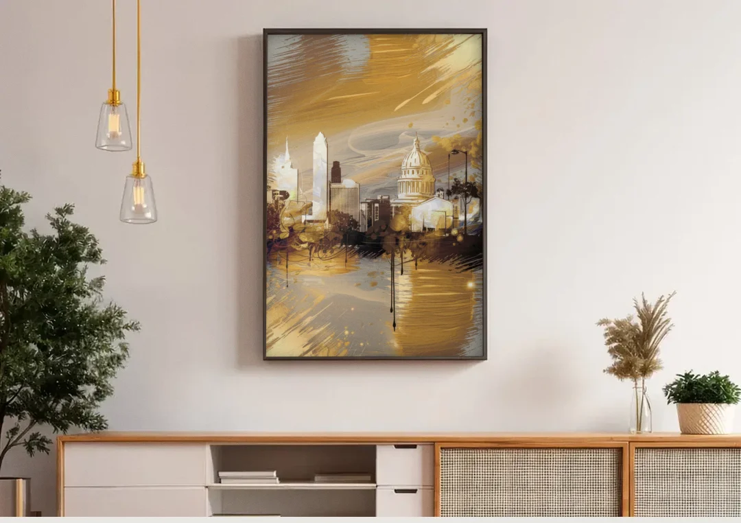 Lincoln Downtown Streetscape canvas wall art above a wooden sideboard under pendant lights