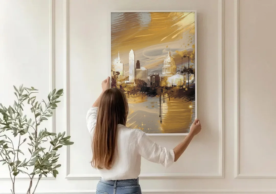 Lincoln Downtown Streetscape canvas wall art being hung on a paneled wall