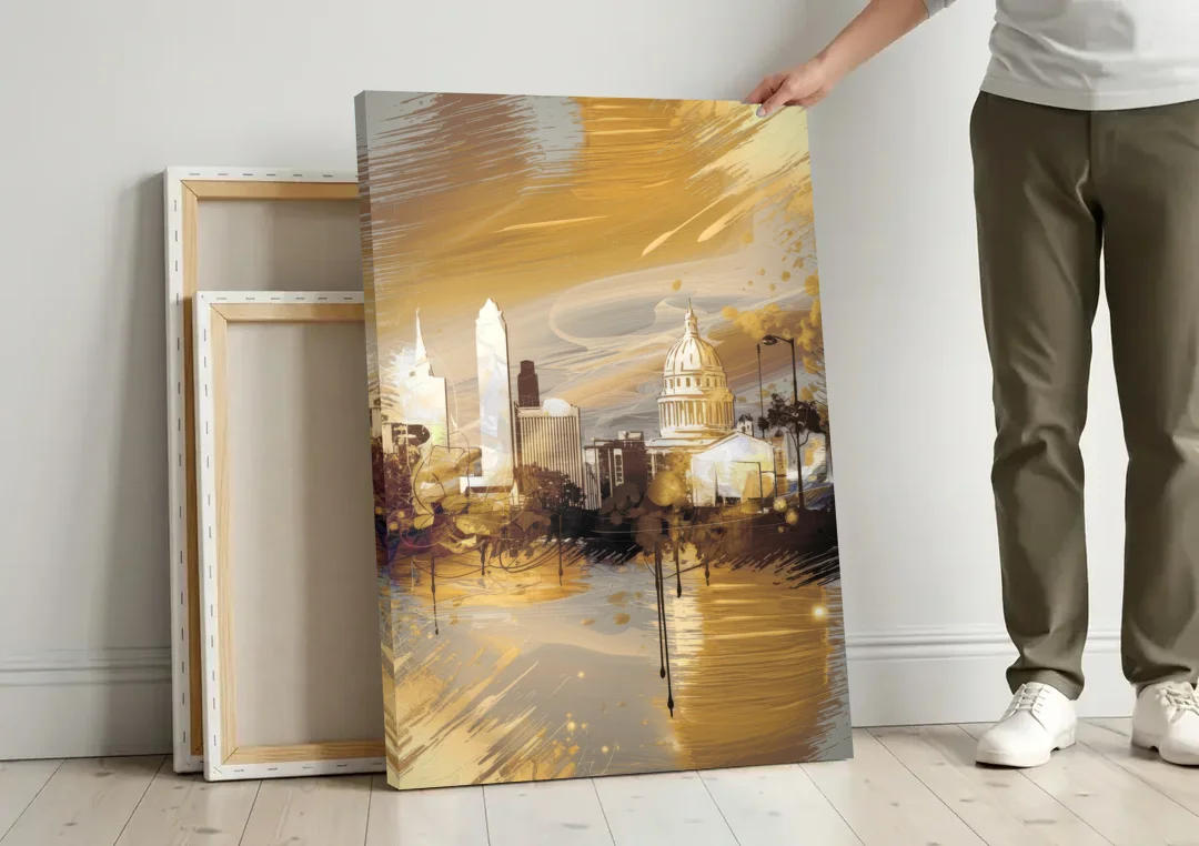 Lincoln Downtown Streetscape canvas wall art leaning against a wall next to blank canvases