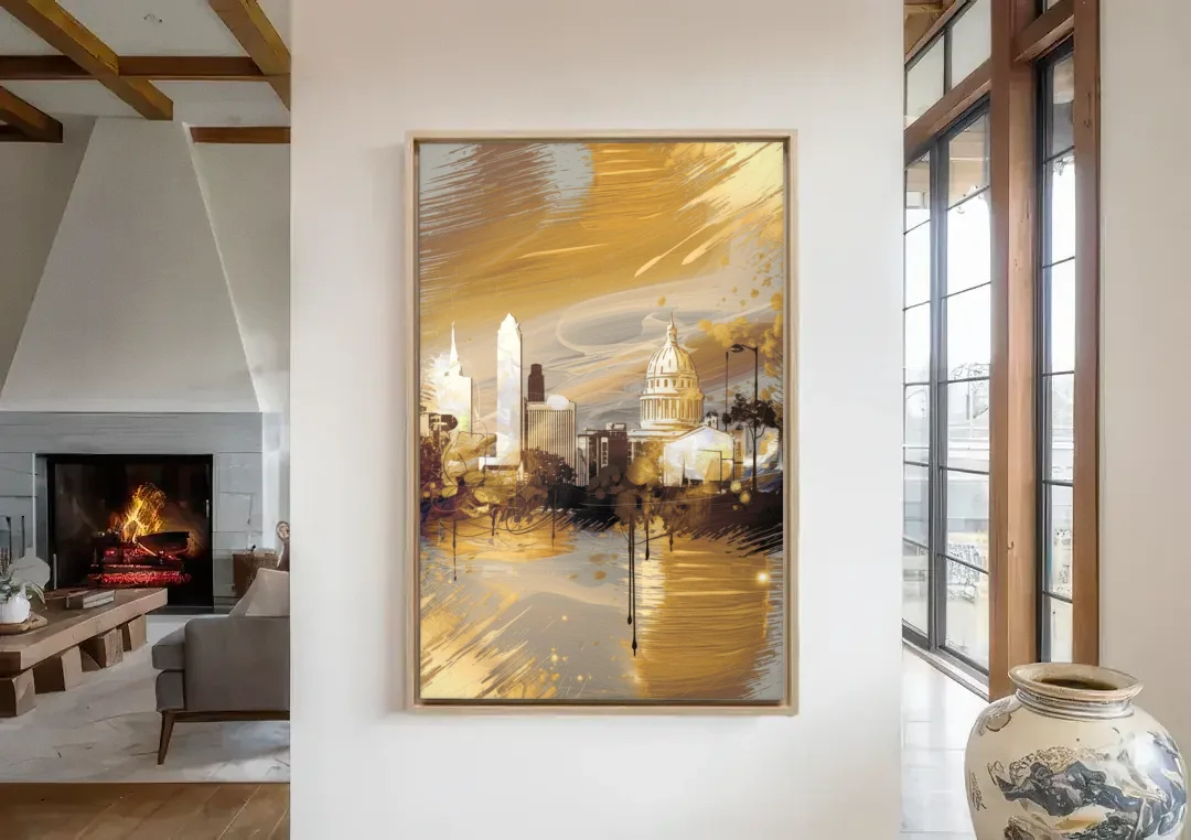 Lincoln Downtown Streetscape canvas wall art in a living room with a fireplace