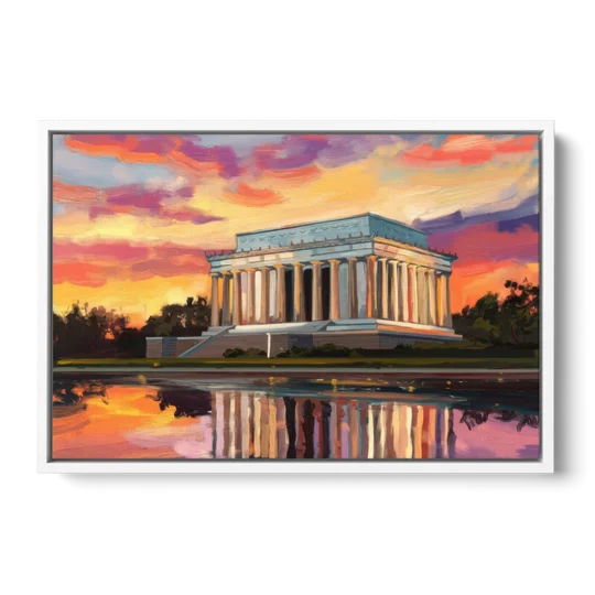 Lincoln Memorial Sunset - White Framed Canvas Wall Art - Front
