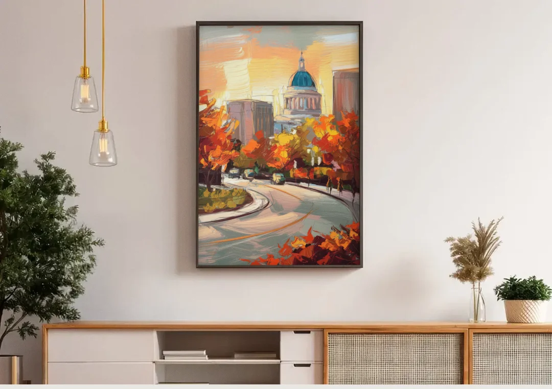 Lincoln Scenic Views canvas wall art above a wooden sideboard under pendant lights