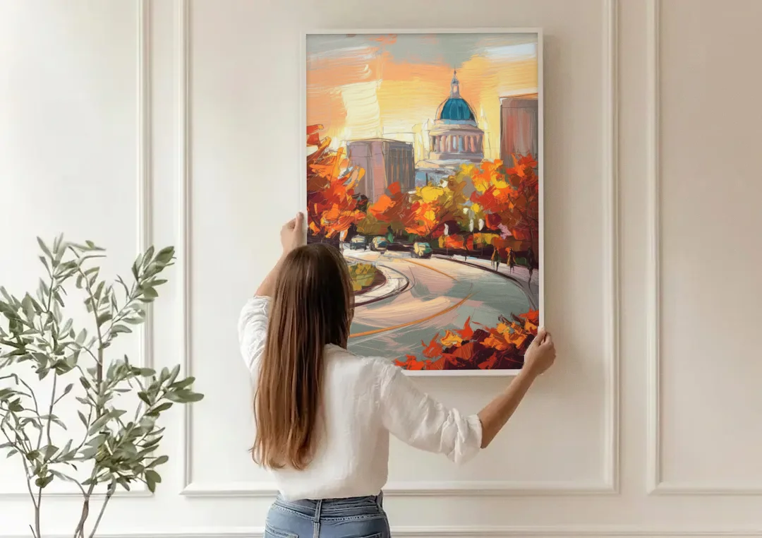 Lincoln Scenic Views canvas wall art being hung on a paneled wall