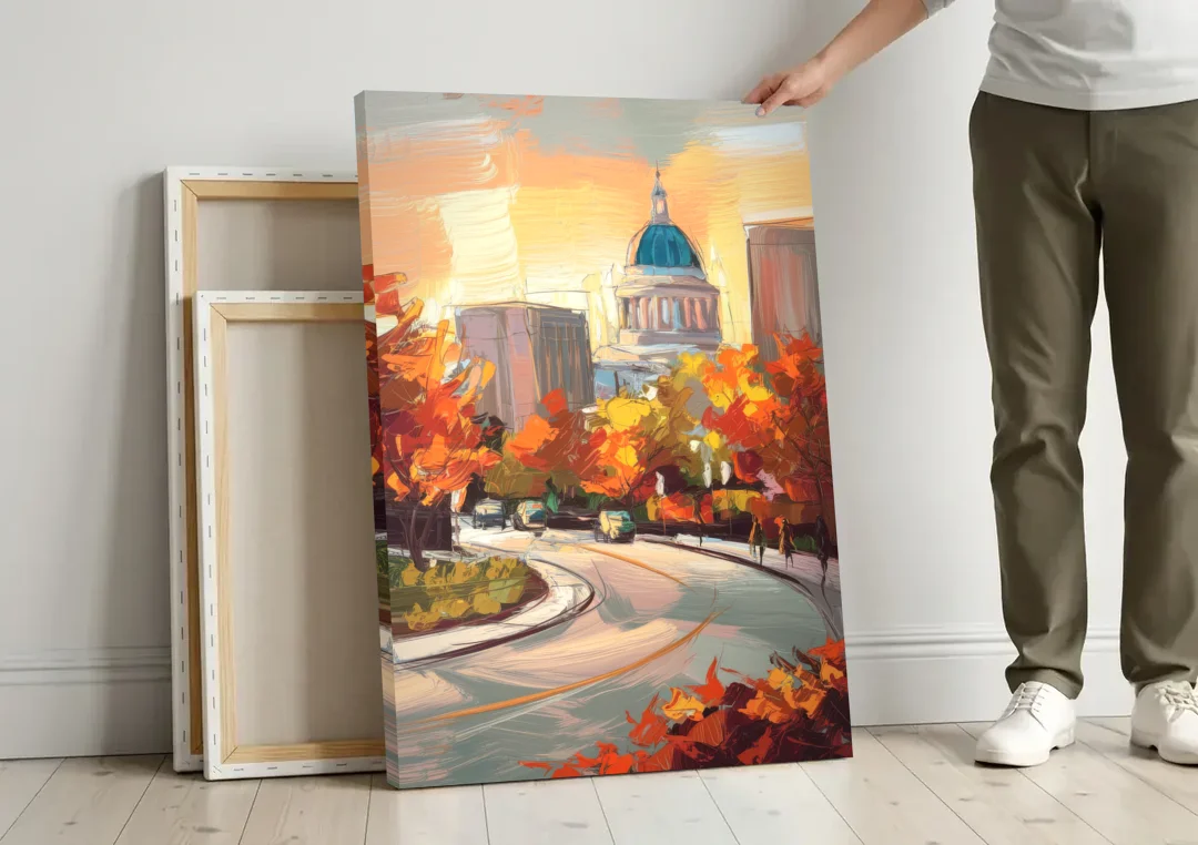 Lincoln Scenic Views canvas wall art leaning against a wall next to blank canvases