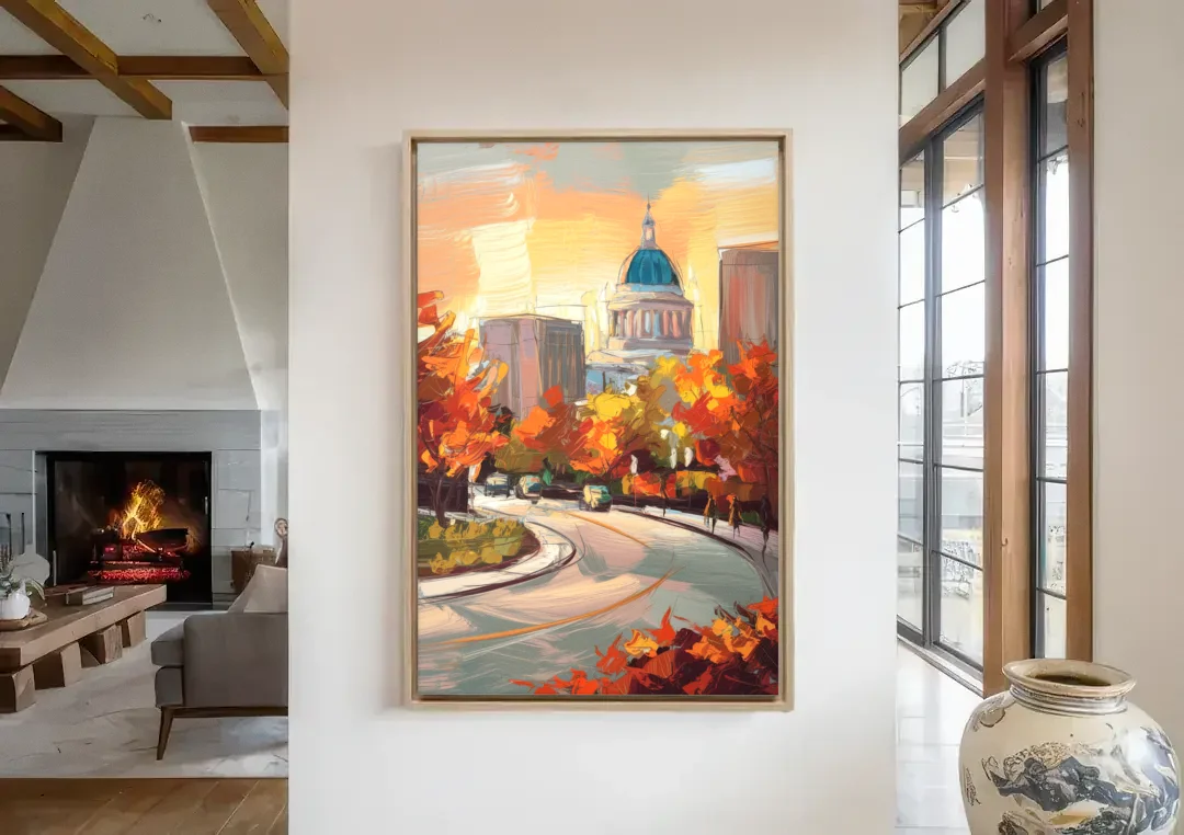 Lincoln Scenic Views canvas wall art in a living room with a fireplace
