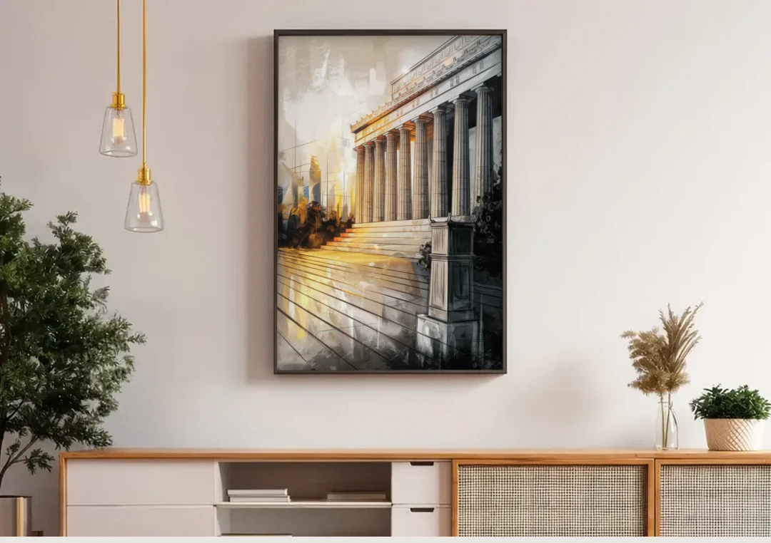 Lincoln Urban Charm canvas wall art above a wooden sideboard under pendant lights