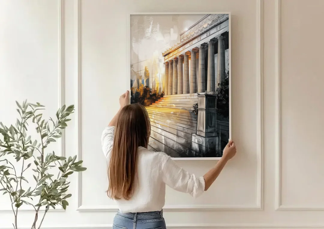Lincoln Urban Charm canvas wall art being hung on a paneled wall