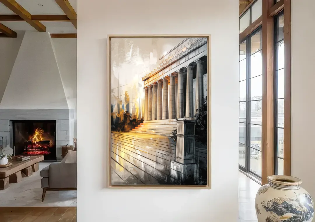 Lincoln Urban Charm canvas wall art in a living room with a fireplace