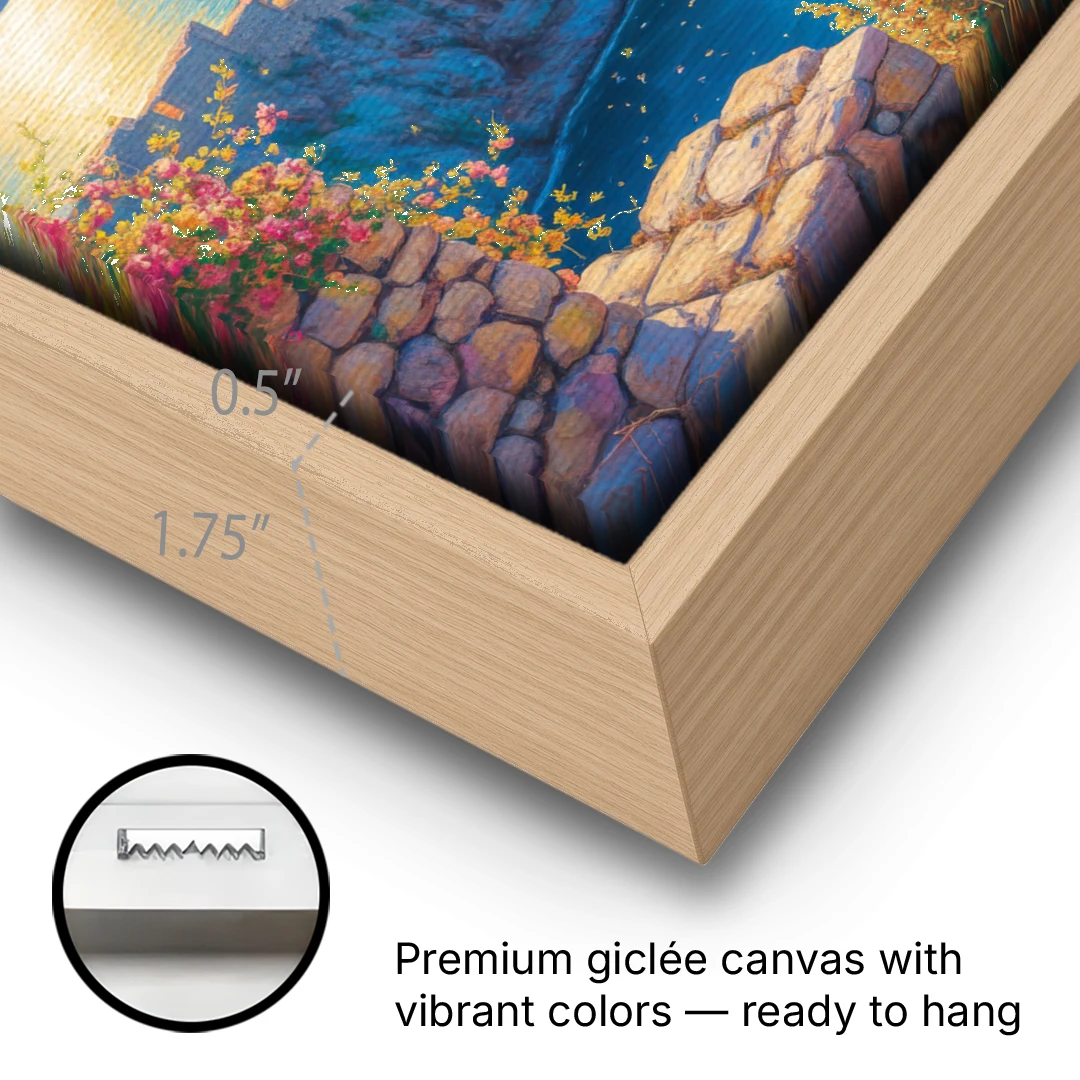 Lindos Views - Oak Framed Canvas Wall Art - Gallery Wrap Corner