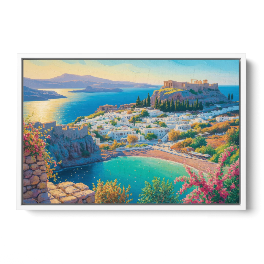 Lindos Views - White Framed Canvas Wall Art - Front