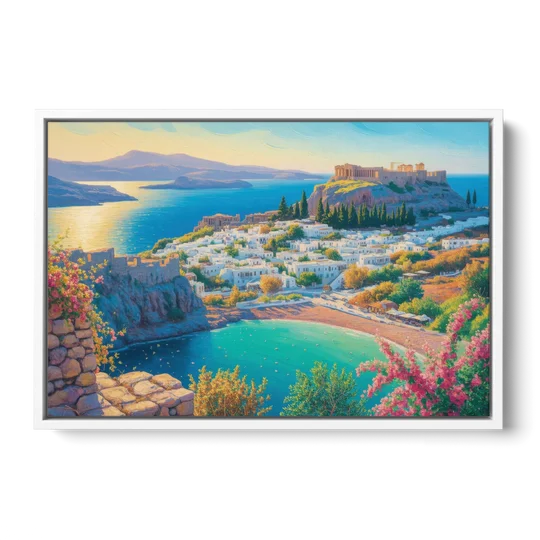 Lindos Views - White Framed Canvas Wall Art - Front