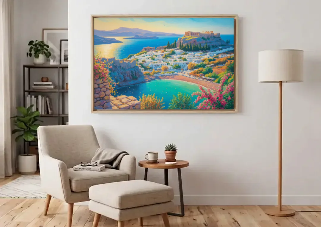 Lindos Views canvas wall art above an armchair in a bright living room