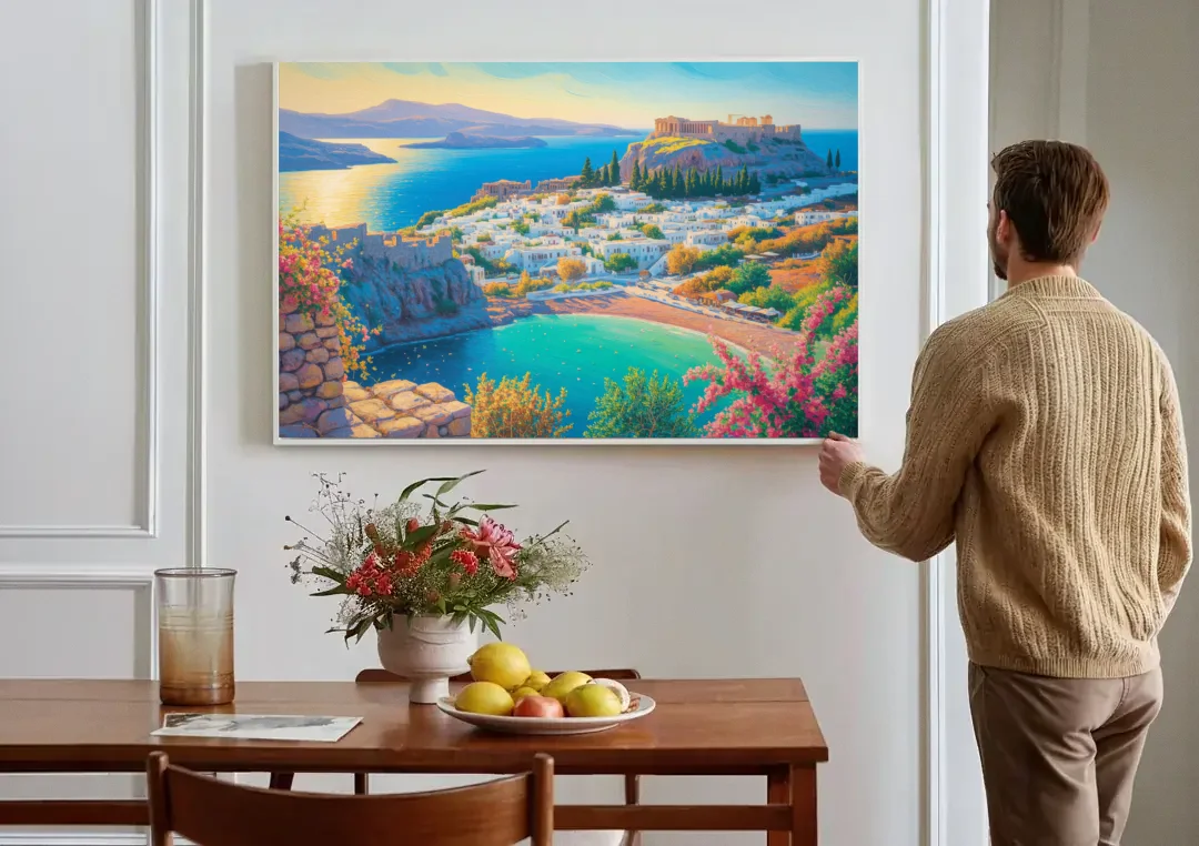 Lindos Views canvas wall art above a dining table