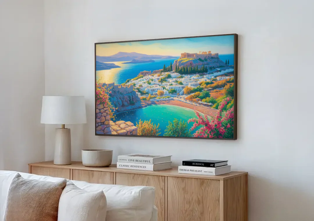 Lindos Views canvas wall art above a wooden sideboard next to a sofa