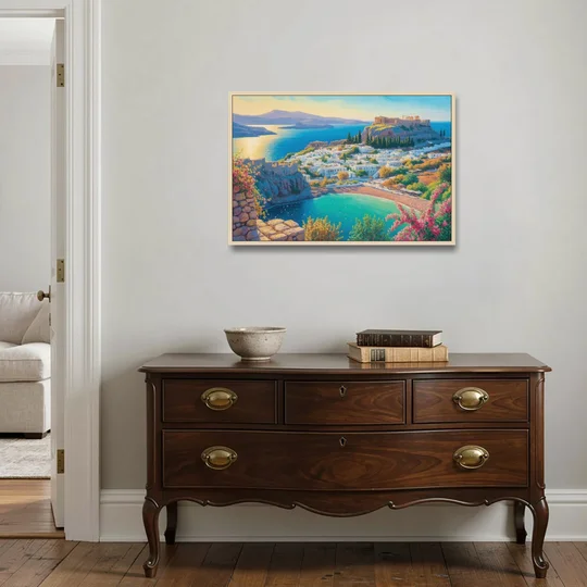 Lindos Views - Oak Framed Canvas Wall Art - Coffee Table - 36x24