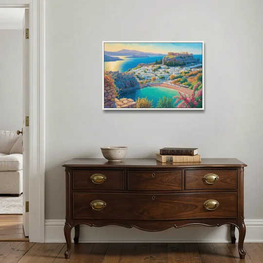 Lindos Views - White Framed Canvas Wall Art - Coffee Table - 36x24