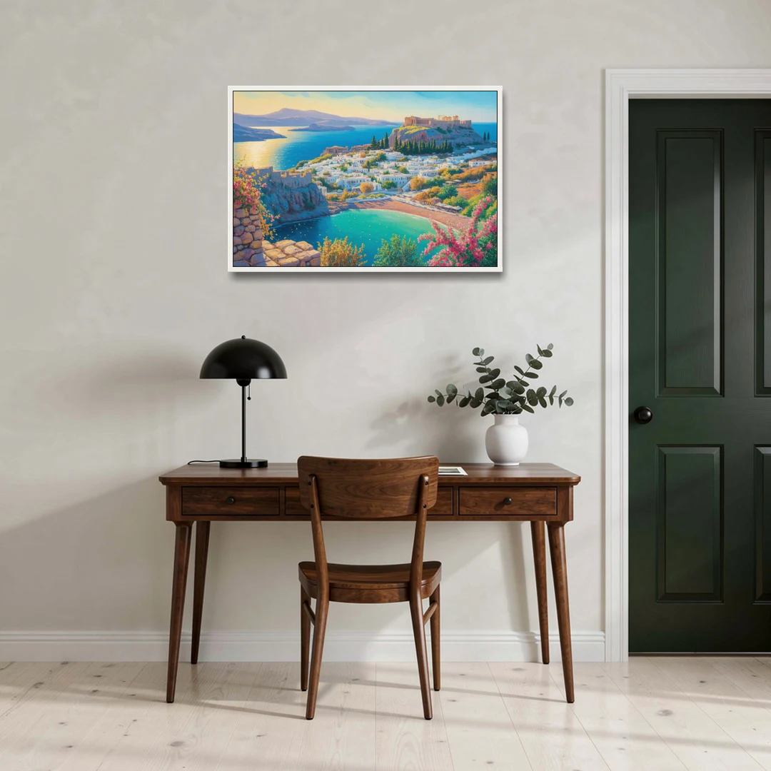 Lindos Views - White Framed Canvas Wall Art - Office - 36x24