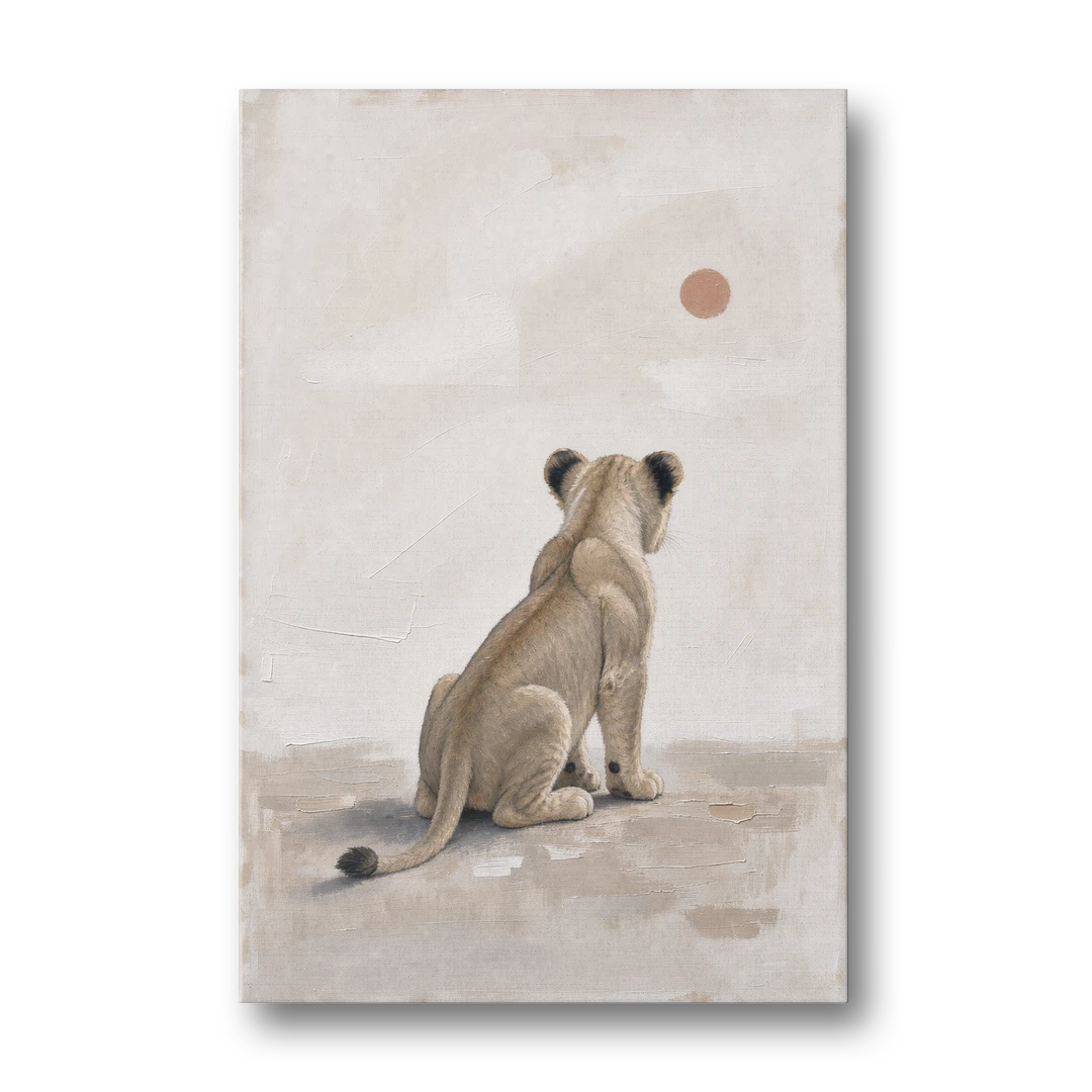 Lion Cub Gazing at a Low Pale Sun - Canvas Wall Art - Front