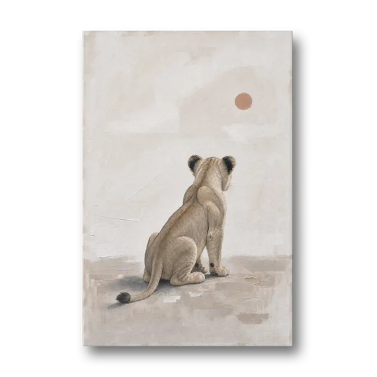 Lion Cub Gazing at a Low Pale Sun - Canvas Wall Art - Front
