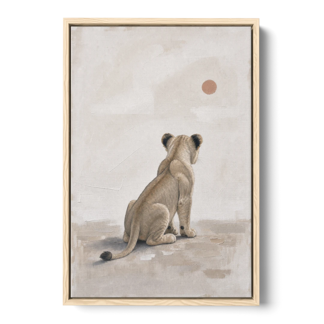 Lion Cub Gazing at a Low Pale Sun - Oak Framed Canvas Wall Art - Front