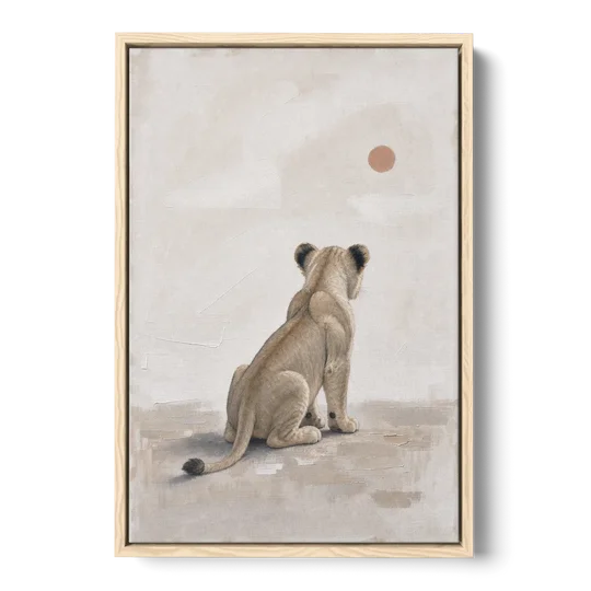Lion Cub Gazing at a Low Pale Sun - Oak Framed Canvas Wall Art - Front