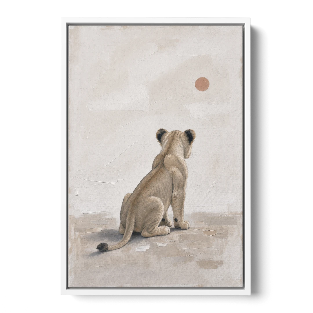 Lion Cub Gazing at a Low Pale Sun - White Framed Canvas Wall Art - Front