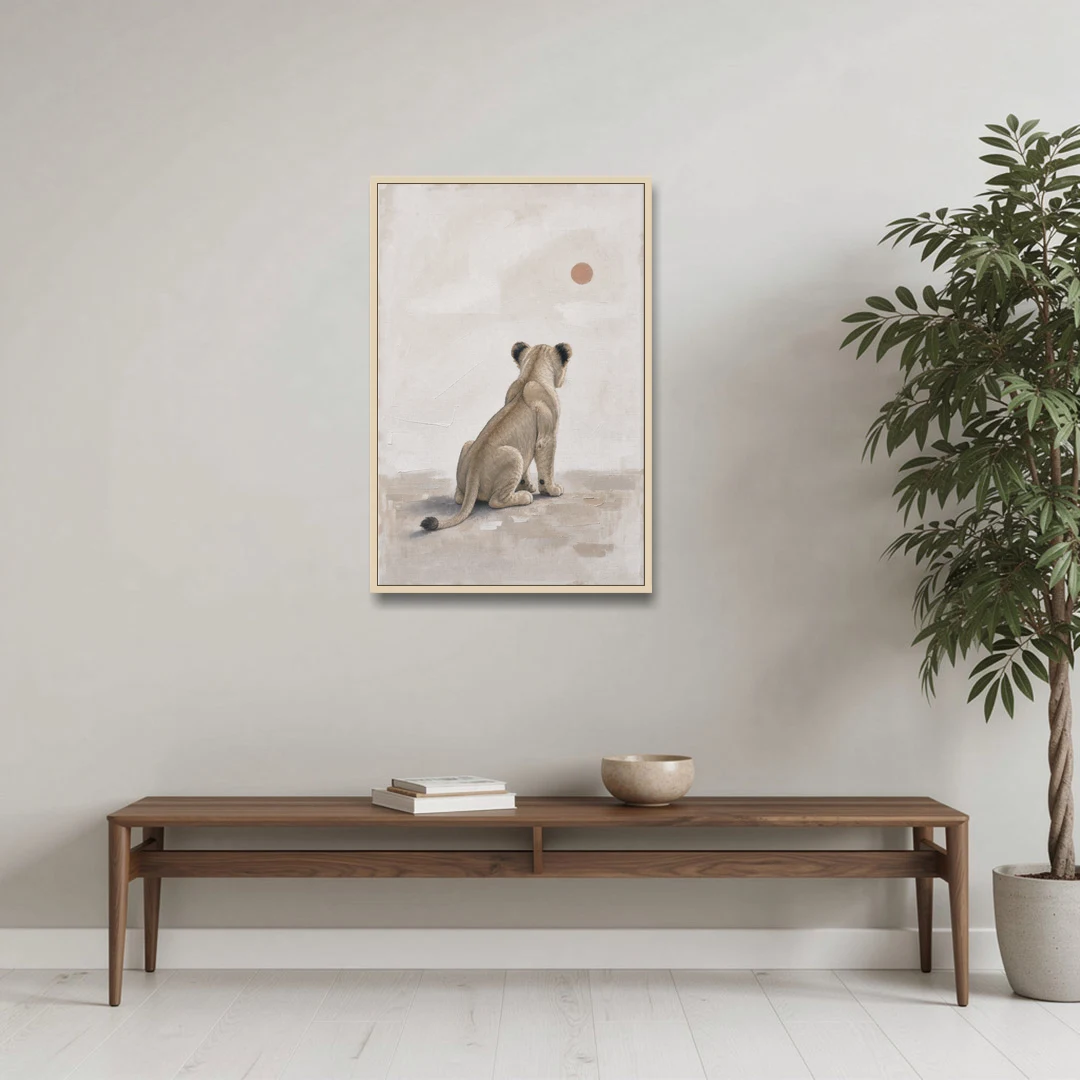 Lion Cub Gazing at a Low Pale Sun - Oak Framed Canvas Wall Art - Coffee Table - 24x36