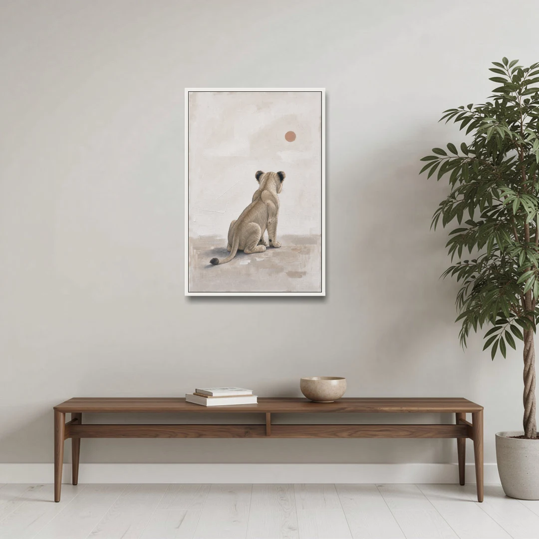 Lion Cub Gazing at a Low Pale Sun - White Framed Canvas Wall Art - Coffee Table - 24x36