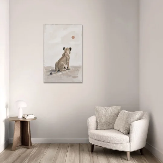 Lion Cub Gazing at a Low Pale Sun - Canvas Wall Art - Sofa - 24x36