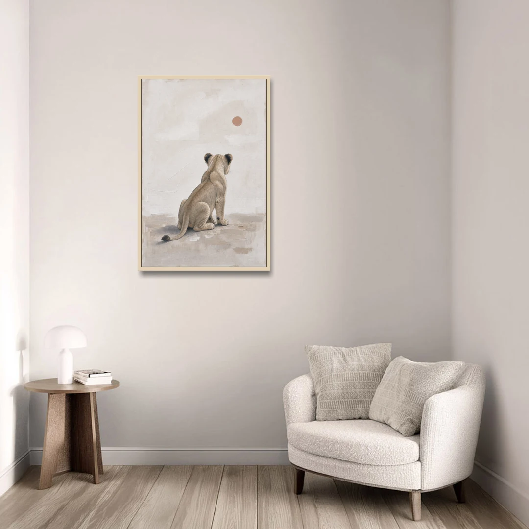 Lion Cub Gazing at a Low Pale Sun - Oak Framed Canvas Wall Art - Sofa - 24x36
