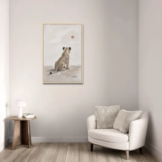 Lion Cub Gazing at a Low Pale Sun - Oak Framed Canvas Wall Art - Sofa - 24x36