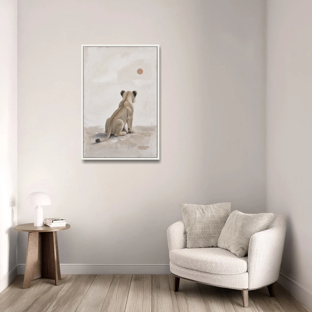 Lion Cub Gazing at a Low Pale Sun - White Framed Canvas Wall Art - Sofa - 24x36