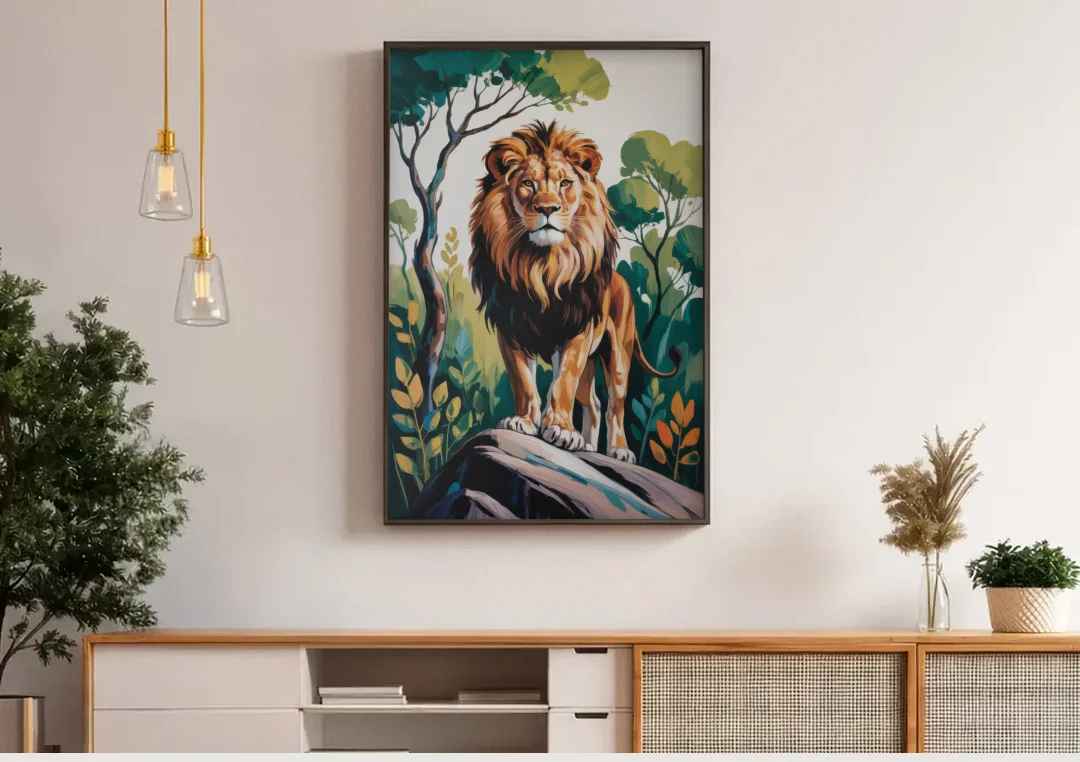 Lion in Harmony canvas wall art above a wooden sideboard under pendant lights