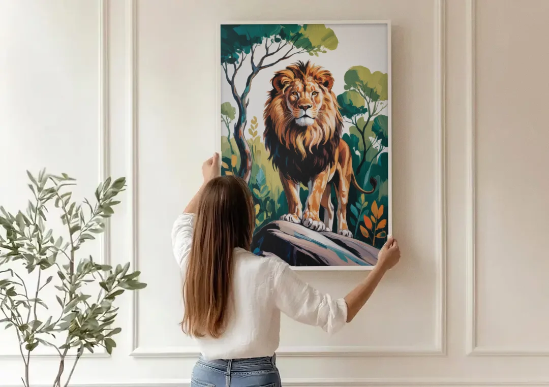 Lion in Harmony canvas wall art being hung on a paneled wall