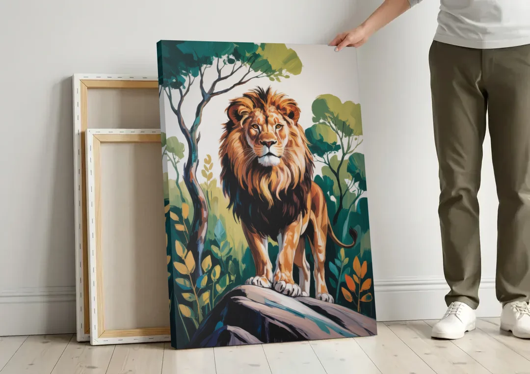 Lion in Harmony canvas wall art leaning against a wall next to blank canvases