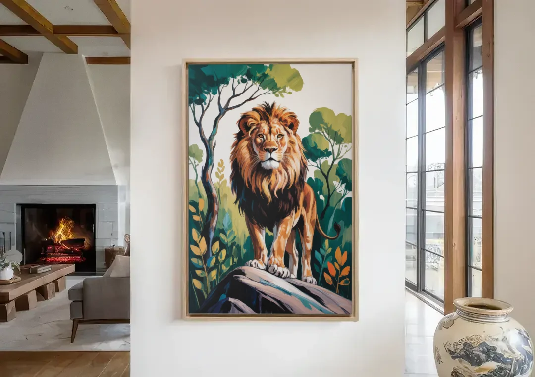 Lion in Harmony canvas wall art in a living room with a fireplace