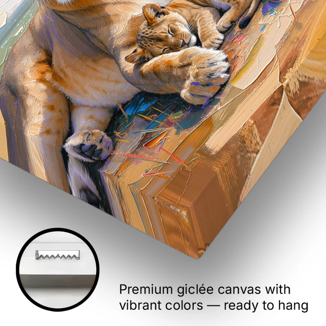 Lioness Guarding Her Sleeping Cub - Canvas Wall Art - Gallery Wrap Corner