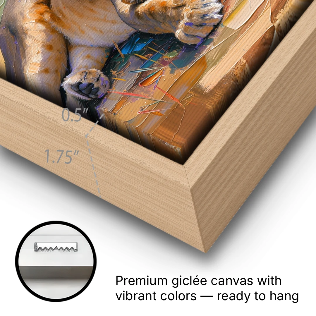 Lioness Guarding Her Sleeping Cub - Oak Framed Canvas Wall Art - Gallery Wrap Corner