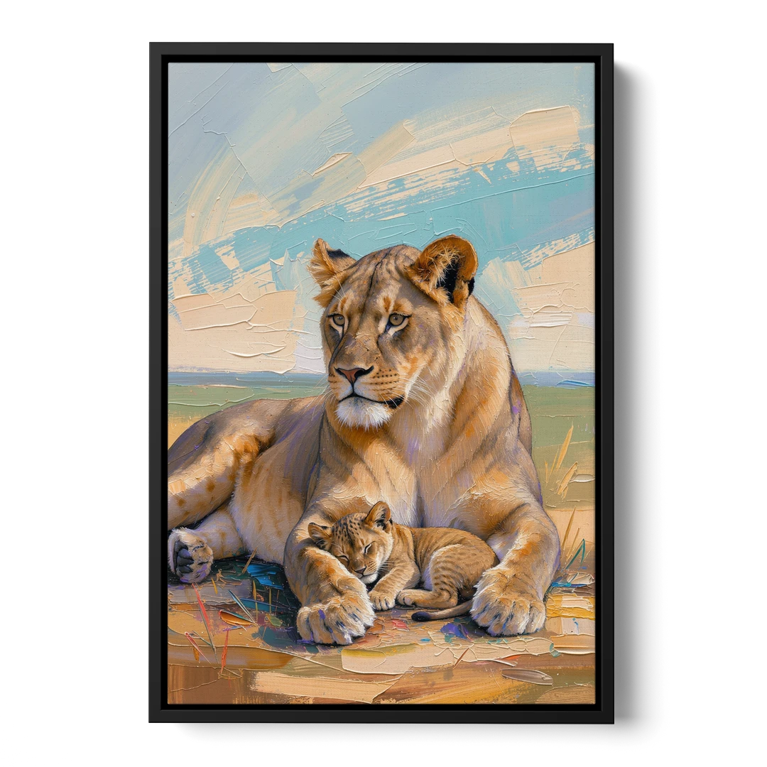 Lioness Guarding Her Sleeping Cub - Black Framed Canvas Wall Art - Front